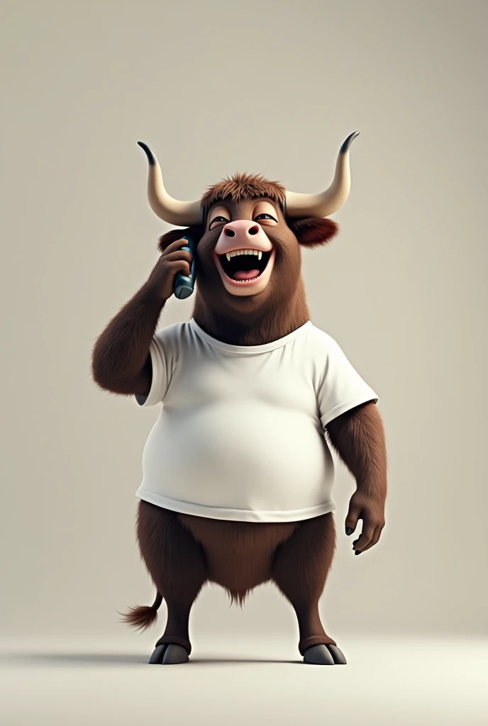 Make that bull laughing more, wearing white t-shirt, speaking with phone,