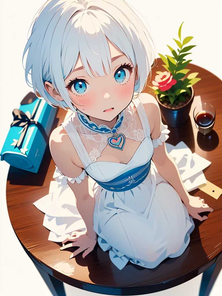 (white background:1.3), (extremely detailed fine touch:1.3), (rough sketch:1.3), ///, kawaii girl, white short hair, girly dress, heart candy, upper body, table, ornamental plants, (flower:1.3), zentangle, (full body:1.3), girls room, princess, (from above:1.3)