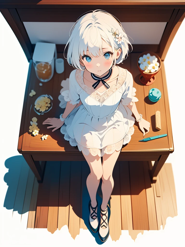 (white background:1.3), (extremely detailed fine touch:1.3), (rough sketch:1.3), ///, kawaii girl, white short hair, girly dress, heart candy, upper body, table, ornamental plants, (flower:1.3), zentangle, (full body:1.3), girls room, princess, (from above:1.3)