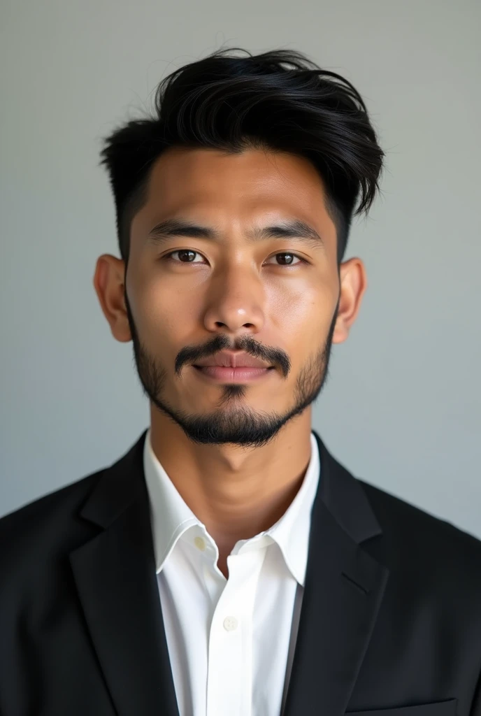 A young man same black color skin dressed in a black blazer over a white shirts light beard , small hair style Asian and color black and black eye for passport size picture.