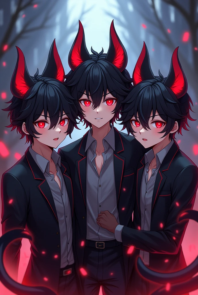 The male triplets with black hair and red eyes inspired in a Cerberus. In anime style. They look like humans but they have Cerberus tails and ears. 