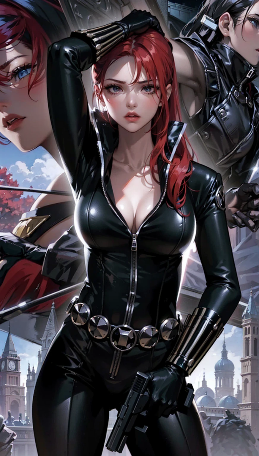 The image features a girl with long, bright red hair, dressed in a sleek skin-tight shiny black latex bodysuit with a deep-cut zipper neckline revealing a large chest, the silver zipper running down the front. The suit is complemented by her iron wrist guard on both wrists and a belt made of silver circles around her waist. She holds a gun in each hand in a ready position, while her other hand is touching her hair. Placed against a dark city backdrop, the scene includes buildings and might contain elements resembling a clock tower, suggesting an urban setting. This composition is emblematic of a superhero genre, highlighting central and ancillary characters, with an overtone of action and vigilance.