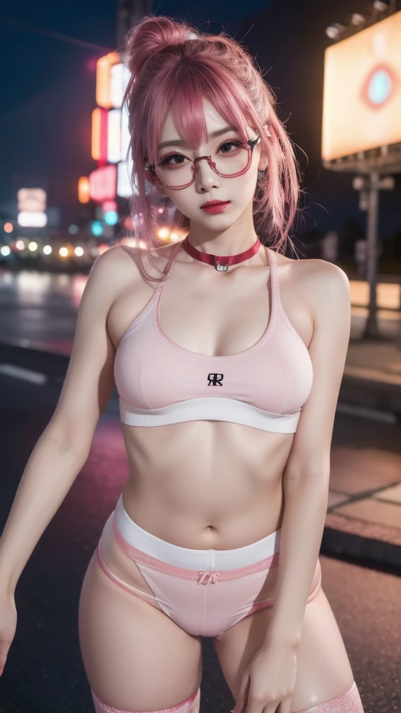 (naked), (Highest quality), (Ultra-high resolution), (Realistic), Japanese, 1girl, (cute), (night sky), big fireworks, pink hair, lipstick, eyeshadow, eyeliner, choker, (red rim glasses), ((Sweaty))