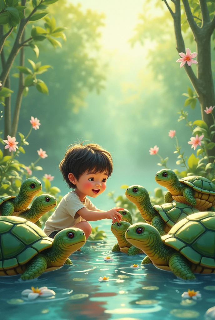 Draw a bunch of turtles and a person together，Illustration style