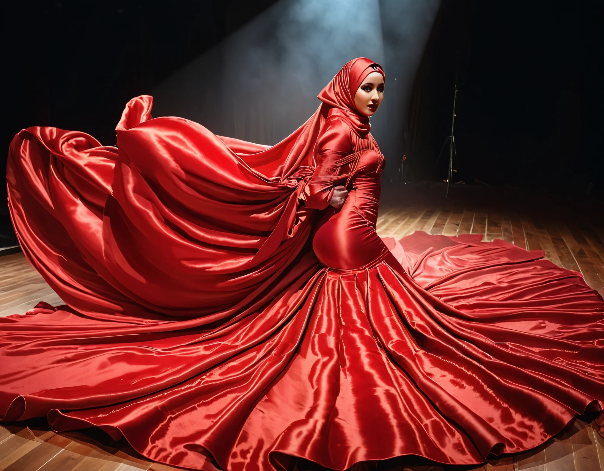 A woman shrouded in a 8-meter-long, plush red satin cloth, tightly bound and grandly draping along the form of her body, flowing off into a pooled floor-length train, styled in a mermaid-inspired outfit with very long train outfit, her head modestly veiled in a satin hijab, tall woman, on stage, sing in front of a microphone stand, a full-body pose conveying a sense of mysterious elegance, captured in a 4k resolution, ultra-realistic