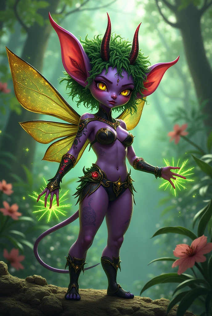 Prismatic coloration. Jungle like environment. A short young Gremlin like Plant woman with a Deep purple skin tone lit up with heavy miniscule starlike freckles & a set of B-cup breasts, bearing curvaceous hips, Slender Legs, & a round but small ass. She has short leaf green curly hair stopping at the top of her neck with various flowers growing within. She is wearing a revealing Black & Purple Bikini like armor exposing much of her chest area with Golden celestial designs & an otherworldly Tiara on her head. She has a serious face & a stern gaze in her sharp Starlike Golden Glowing eyes with black sclera & a heavy freckled form. She has long Sharp transparent Blood-Red Demonic horns radiating Floral energy & a set of elegant Elven ears. She has long Ruby red vine like tattoos running all around her body accompanied by Crimson Star-like Tattoos running along them. She has a small cute nose. She has large Crystal Golden Fairy-like wings with a starlike pattern. She is seen in a battle stance summoning verdant green Starlight magic from her fingertips