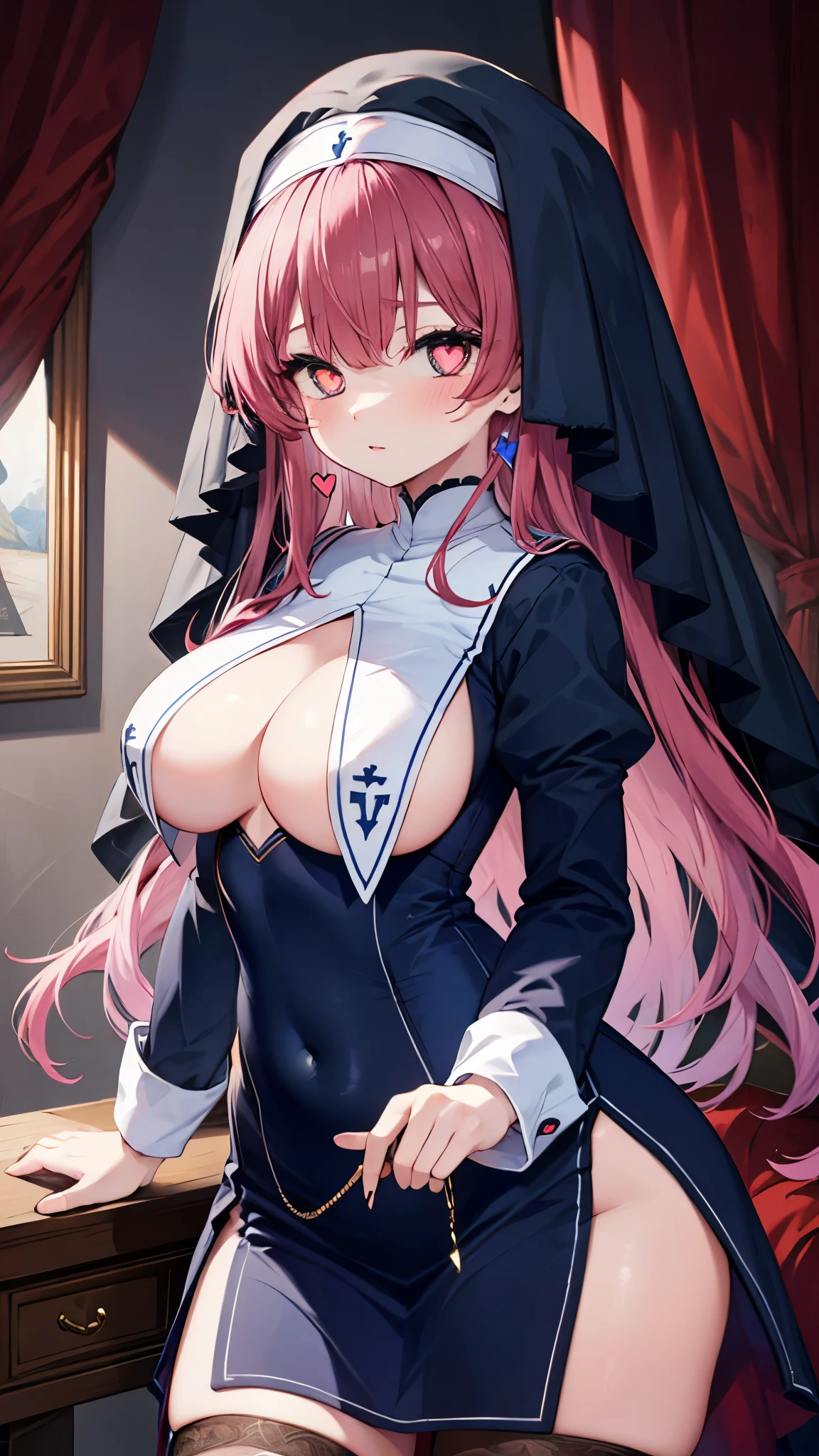 (Highest quality:1.2), (Very detailed:1.2),(masterpiece:1.2),(8k:1.2),(Blessed,Captivating body、Very beautiful eyes、Very detailed肌、Very detailed顔,Detailed Background), ffmarine, long hair, habit, heterochromia, nun, blue dress, cleavage, long sleeves, breast curtains, underboob, pelvic curtain, white thighhighs, (heart-shaped_pupils)
