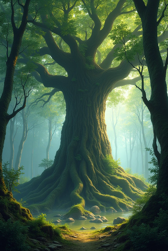 A massive, ancient tree stands majestically in the center of a deep, mystical forest. Its towering trunk is covered in thick, gnarled bark, and its vast canopy of leaves creates a natural roof, allowing only dappled sunlight to filter through. The tree's roots spread out across the forest floor, intertwining with moss-covered rocks and delicate ferns. Surrounding the tree are dense undergrowth and other tall trees, their trunks and branches cloaked in mist, creating an atmosphere of mystery and wonder. The scene is serene, with the deep greens of the forest contrasting with the warm, earthy tones of the tree.
