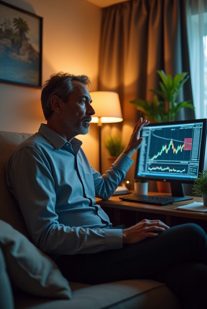 How beginner start share market related to this a healthy man stressed sit on the sofa and do trading with computer