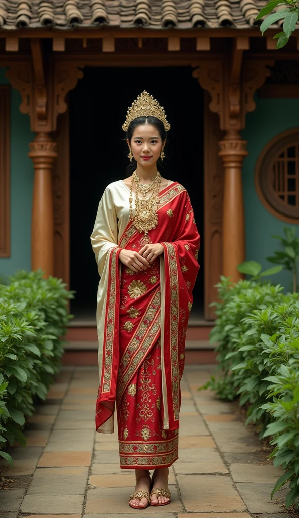 A beautiful 20-year-old Minang woman wearing traditional Minang attire, including a traditional Minang headdress and sandals, standing gracefully in front of a traditional Minang house. The background features intricate wooden carvings and vibrant colors typical of Minang architecture. Bright lighting highlights her outfit and surroundings, while the image captures a serene and respectful pose. The setting is detailed with lush greenery and a cultural atmosphere, blending modern beauty with traditional elegance. Realistic, cinematic, dramatic, highly detailed, 8K, ultra-sharp, UHD.