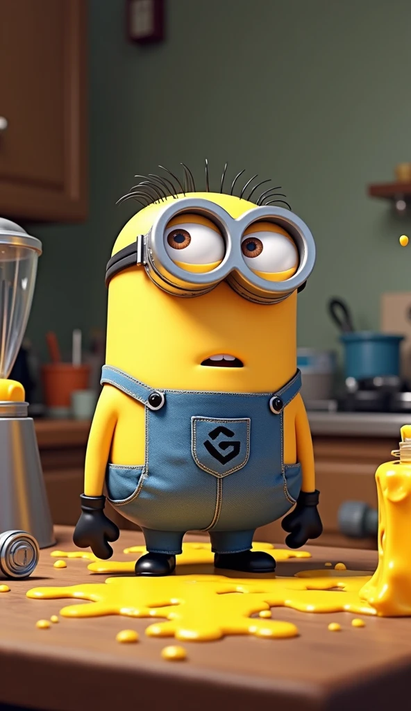 Minion Kevin tries to make cheese in the blender on the table but the cheese splatters