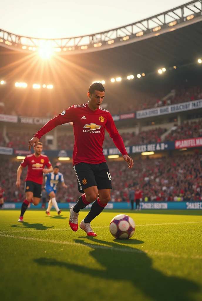 Manchester United versus Brighton a beautiful sunshine on stadium and all player black live matter cr7 on the Brighton goalkeeper slide left goal side and ball right side 