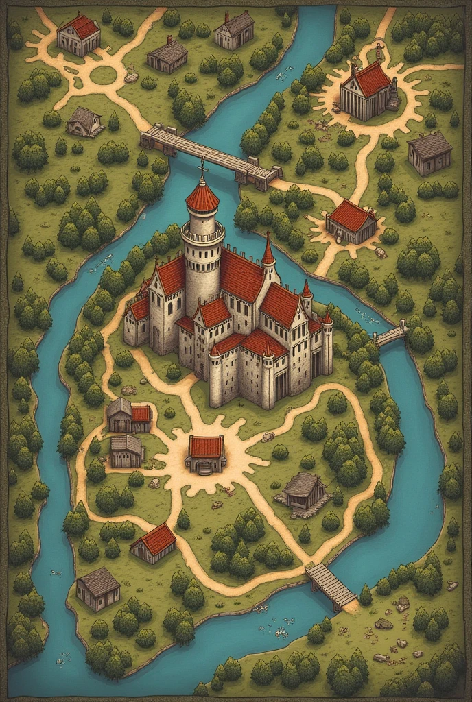 Medieval map of the fictional kingdom of Lamel France Abandoned farm on the northeast side Abandoned mines on the east and west side Working mines on the north and south side Observatory on the southwest side of the kingdom Medieval kingdom King's castle with a river below the drawbridge A village in the center of the city Knights' base in the center And kings' fort on the bank of a river