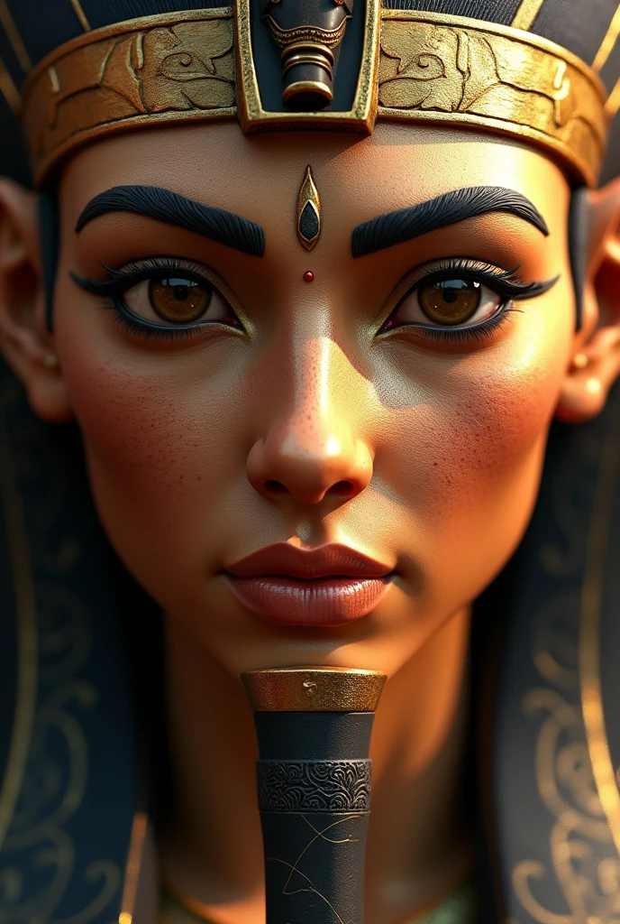 Create a photo-realistic close-up image of Atum’s face, the primordial god of creation in Egyptian mythology. He should have a regal and powerful expression, with divine features that convey his role as the creator. His face should reflect a sense of serenity and authority, with intricate details of traditional Egyptian facial adornments and symbols. The image should capture the essence of his divine nature with high detail and clarity