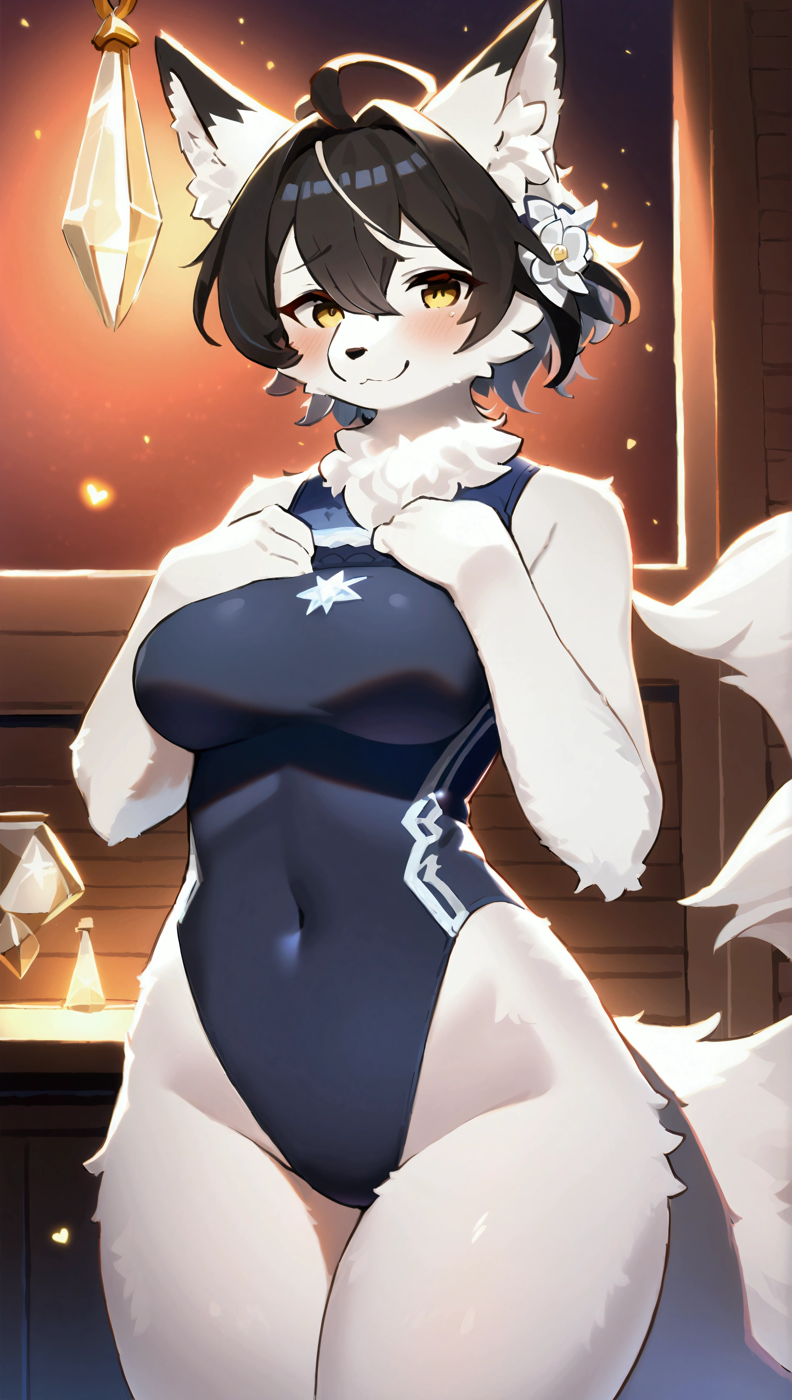 (top quality, best quality, High-quality illustrations, masterpiece, 16k, 1080p, uploaded on e621)(kemono, furry, anthro, alone), round, 1 female, hot mother figure, very detailed body face and eyes, white fox, Tiare, (Alchemy Stars), white fur, fluff, average breasts, tail, perfect eyes, yellow eyes, black hair, beautiful winter one-piece swimsuit, winter jewelry, beautiful night, body movement, body twitching, shy smile, red blushing,