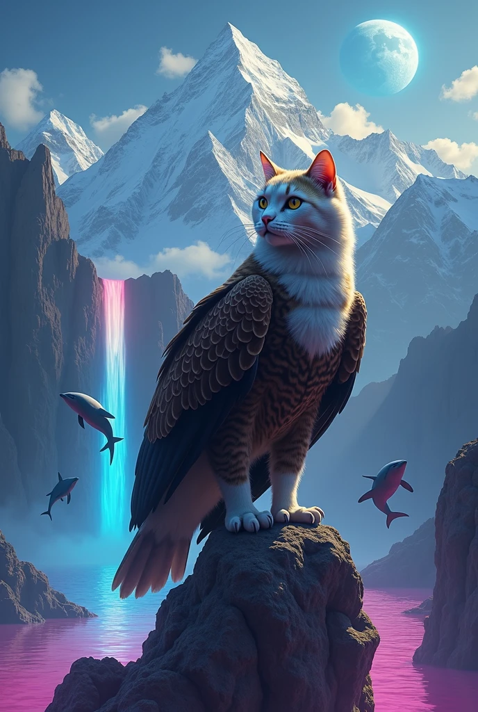 Cat siting on eagle on mount Everest on Uranus with water fall on neon colour water with Whale swiming with dolphin and dark red sharks