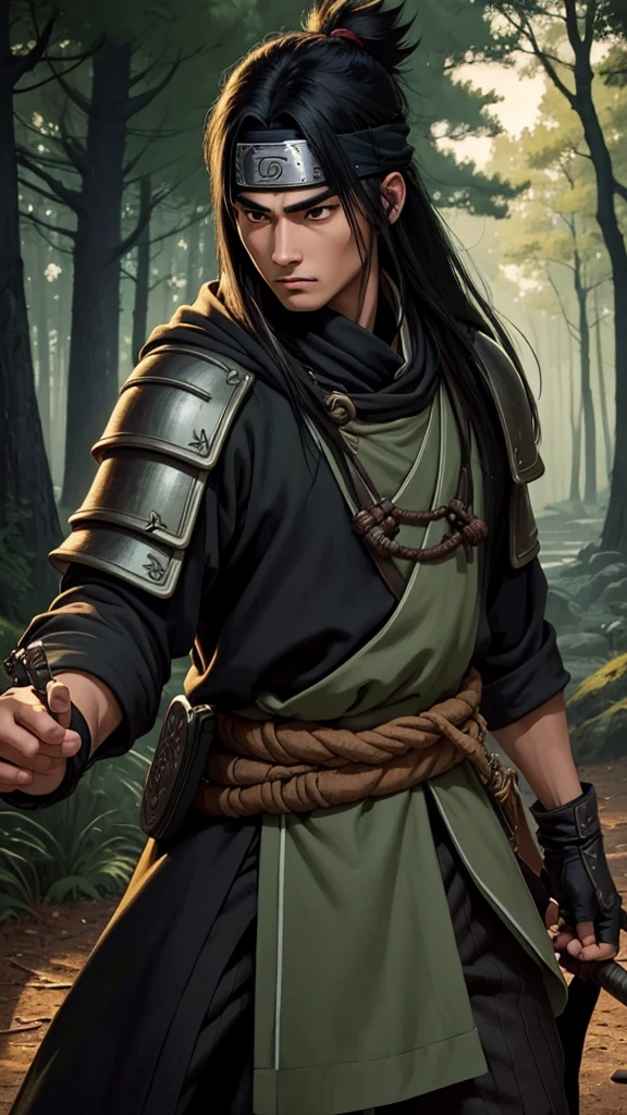 (cowboy shot), sfw, (masterpiece), (best quality:1.0), (ultra highres:1.0), detailed eyes, BREAK looking at viewer, 1boy, dark skin, long black hair, intimidating look, green armor, samurai armor, black robes, ornate clothing, pouches, black headband, mouth scar, narutoStyle, BREAK (forest, many trees, night, outdoors, gorgeous view), action pose