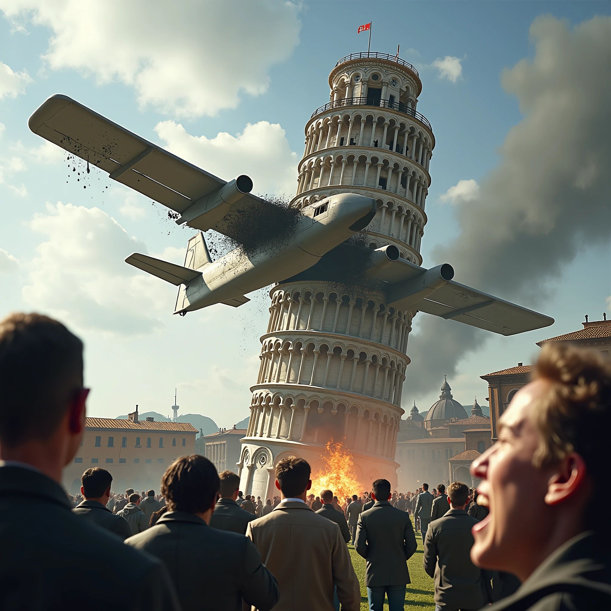 realistic style, photo, photorealistic, high detail, (sharp), (photorealism:1.2), (photo:1.2) of a plane crashed into the "Torre di Pisa", in Italy. There is a broken plane into the tower. Smoke, fire and flames from twisted plane sheets. People screaming and crying desperately. Wide angle view. (A small plane stuck in the tower:1.7). [A plane inserted in the Tower of Pisa].