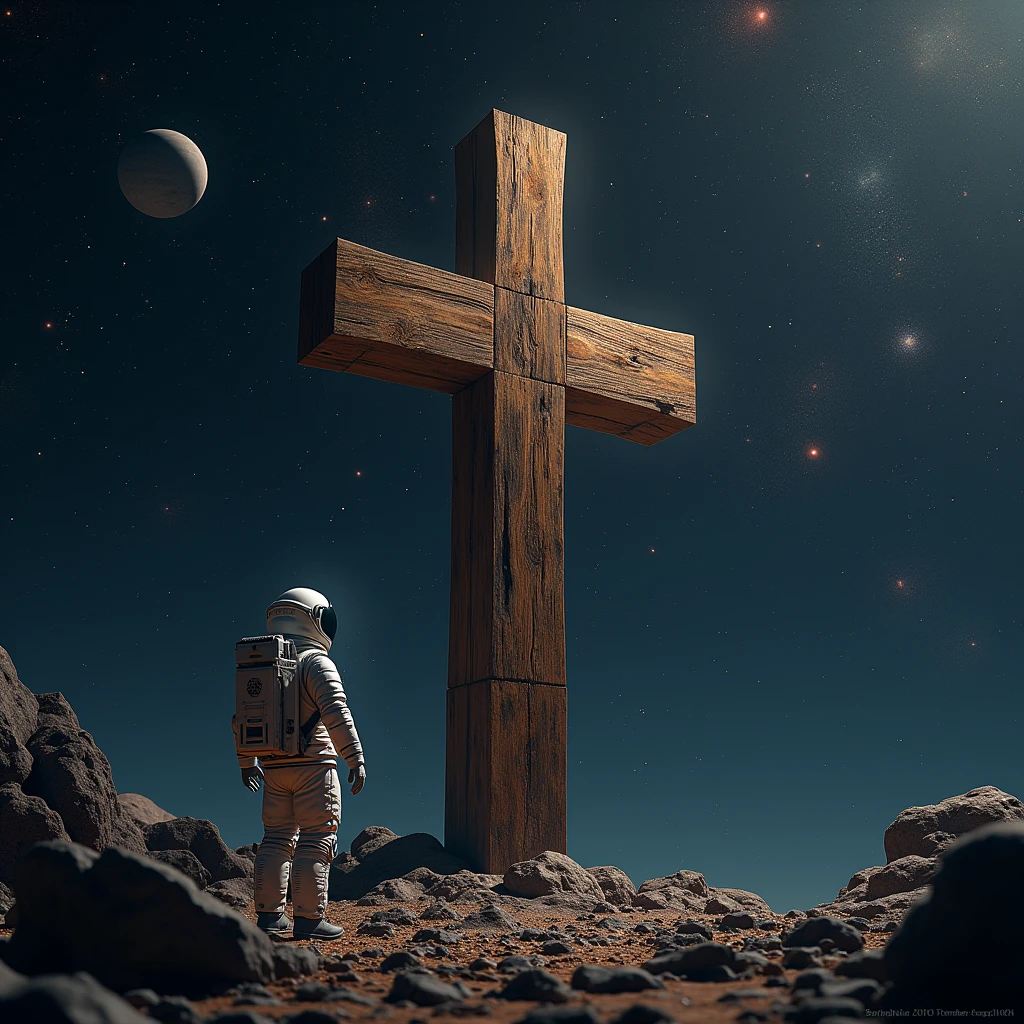 Wooden cross , in outer space, constellations, stars , planets , an astronaut