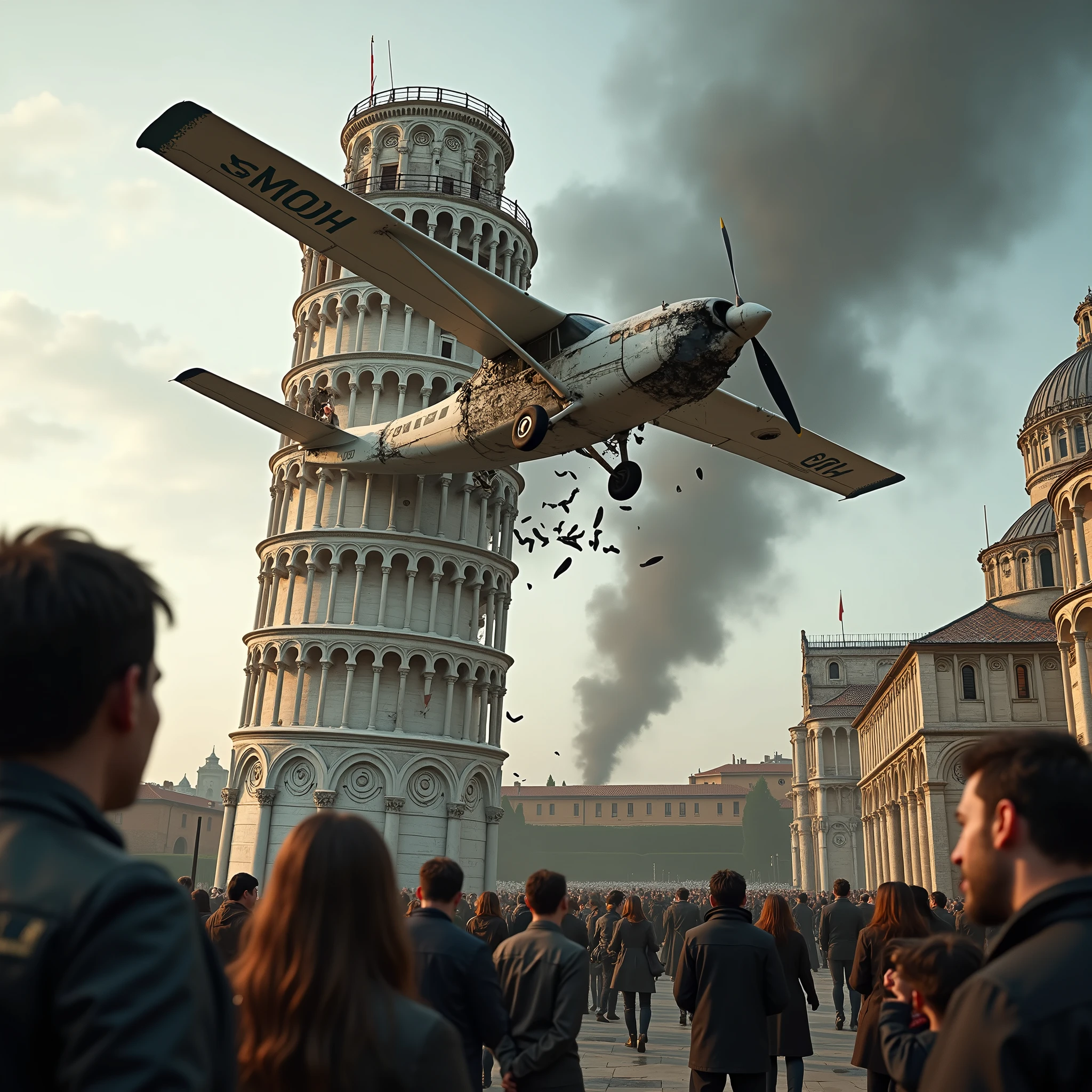 realistic style, photo, photorealistic, high detail, (sharp), (photorealism:1.2), (photo:1.2) of a plane crashed into the "Torre di Pisa", in Italy. There is a broken plane into the tower. Smoke, fire and flames from twisted plane sheets. People screaming and crying desperately. Wide angle view. (A small plane stuck in the tower:1.7). [A plane inserted in the Tower of Pisa].