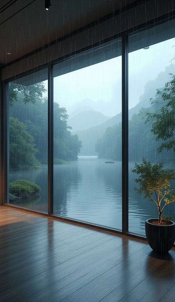 A serene room with a view of a calm lake, with rain falling heavily on the water’s surface. The heavy rain outside creates ripples on the lake and a soothing atmosphere perfect for a deep nap.