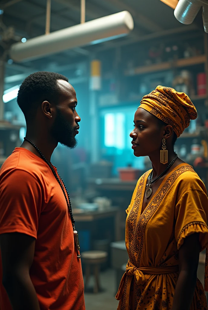 Characters:
Kwame, - a young African mad scientist character using AI to solve any problem he can find
Amina - a middle-aged woman that is conservative and true to her cultural heritage
Tunde- a young man destined for great adventures.
Story:Scene 2: Meet Kwame and Amina
Setting: Kwame’s workshop, cluttered with gadgets and tech projects. Amina walks in, curious but wary.
Kwame: (Excitedly) Amina, you’ve got to see this! I’ve programmed the AI to design interactive light displays for the festival. Imagine the possibilities!
Amina: (Frustrated) Kwame, don’t you see? Technology is great, but what if it takes away from the human touch? Stories and art are meant to be personal, not automated by some machine!
Kwame: (Defensive) But Amina, this isn’t about replacing people. It’s about enhancing our experience, making the festival more magical than ever before!
Amina: (Angry) Magic? You think a machine can understand the soul of our stories? Our art? You’re missing the point, Kwame. This festival is about our community, our traditions, not some flashy tech gimmick!
Kwame: (Hurt) Amina, I’m not trying to erase our traditions. I just want to show that we can move forward without losing who we are.
Amina: (Softening slightly) I know you mean well, Kwame. But I’m scared that in our rush to embrace the future, we’ll forget what makes our past so special.