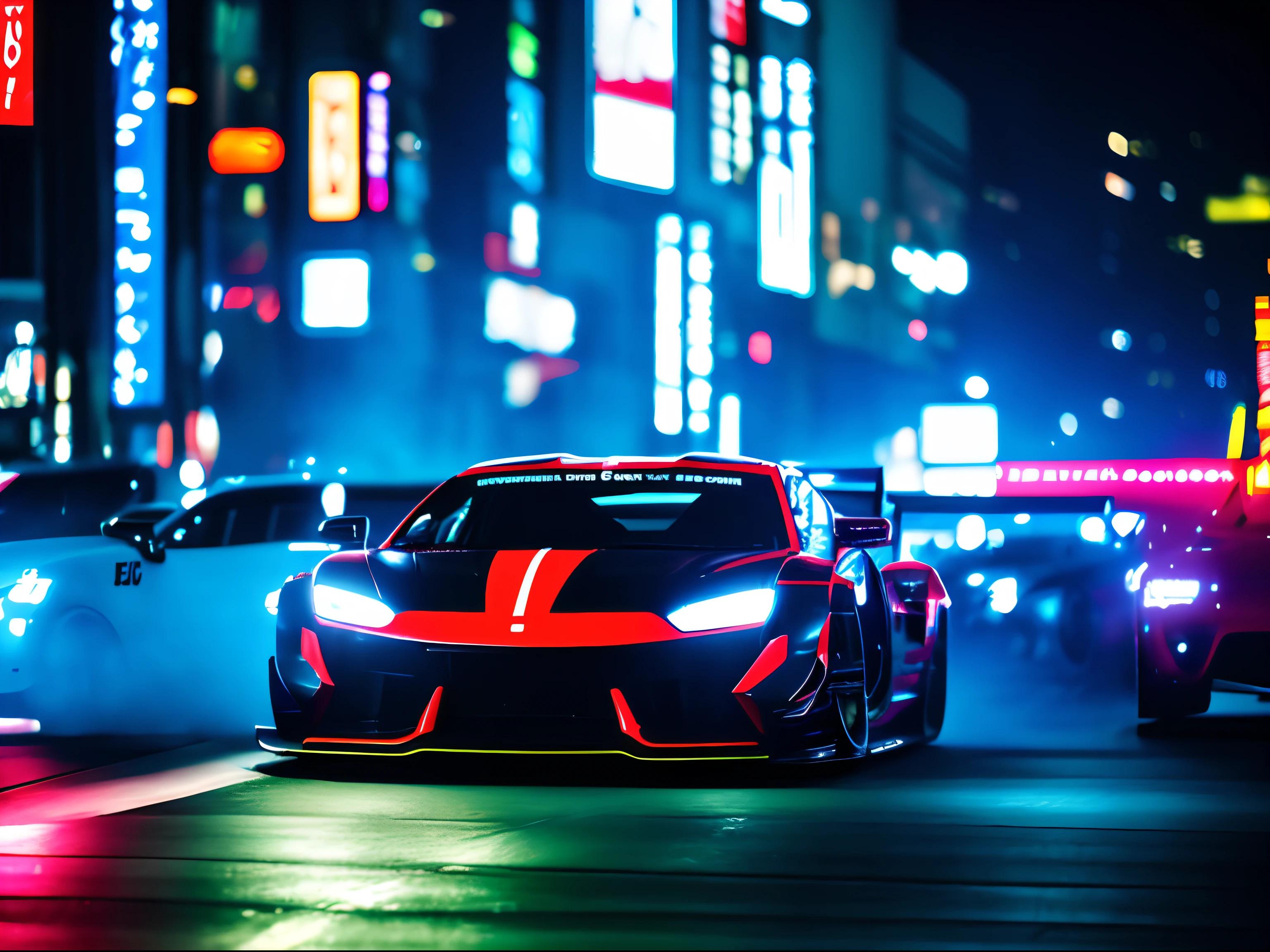 cinematic shot [super car] On illegal racing on [Tokyo streets], [At night, neon lighting], [Low angle], Work scene, Dynamic work, Film grains, Motion blur, epic realism, Raw image, Very detailed, 8 k, In Tokyo Drift style