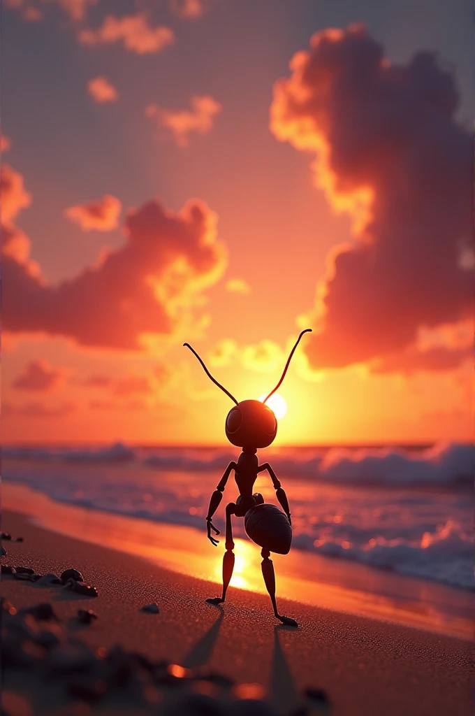 An ant stand in sunset on rhe beach like a super hero
