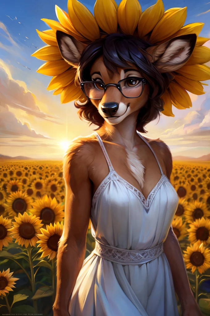 uploaded on e621, artstation, by Pixelsketcher, by Bayard Wu, by Thomas Benjamin Kennington , by Einshelm, by hioshiru and kenket, Chunie, portrait, solo anthro female deer doe, with small featureless breasts, clear dark blue, cinematic lighting, day, sunny day, sunflower field, stands in a high sunflower field, sunflower field background, sunflowers, mediterranean background, horizon background, shiny, chin short curly dark brown hair, wears big black nerd glasses, very very beautiful furry art, furry art, smiling, joyful, shiny, happy, feminine, cute face, muzzle, fluffy chest, flawless face, Fallow deer, 1girl, Sakimichan is beautiful, Masterpiece, Wavethesallow Face, shiny, Detailed image, portrait, Detailed image, portrait, full body, wears pure white, wide spaghetti straps dress, wears big and wide beige summer straw hat, shiny, realistic face, perfect anatomy, hourglass body, (furry body:1.1), anthropomorphic deer, detailed background, (cute anatomy:1.1), walks in a sunflower field, high sunflower field