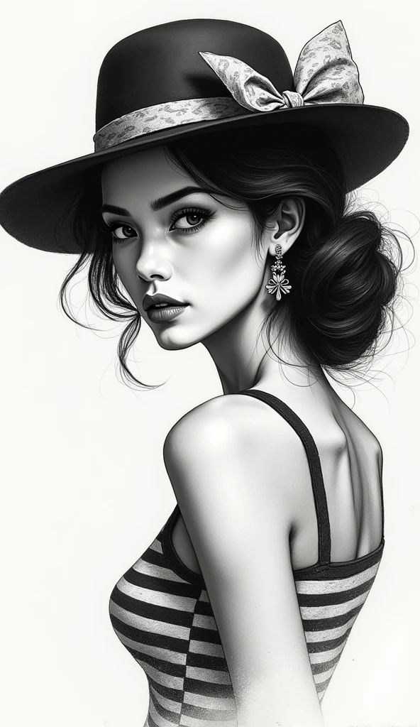 A captivating monochromatic sketch of a young woman exudes an enigmatic charm. She confidently dons a wide-brimmed hat adorned with a decorative ribbon, framing her intense, almond-shaped eyes and well-defined eyebrows. Elegant dangling earrings complement her hairstyle, which is voluminous and gracefully cascading down her shoulders. Clad in a striped top, she gazes over her shoulder, evoking a sense of mystery and allure. The composition of this artistic masterpiece is both striking and evocative, making it a truly captivating piece.ᎩᗩᏆᔑ(◠‿◠), painting, photo