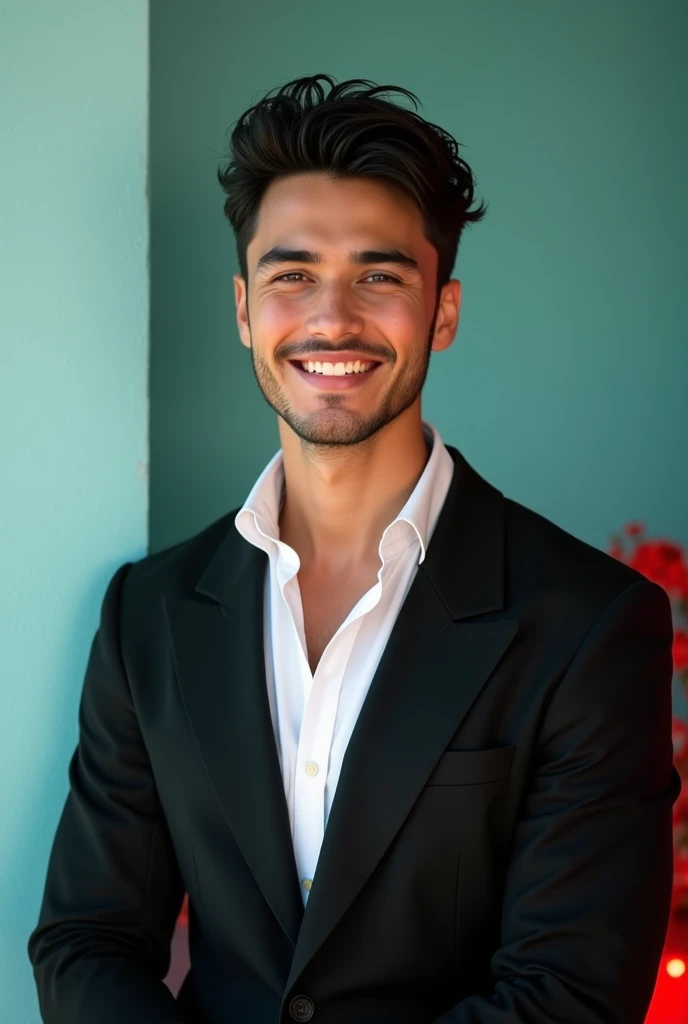 A young Man With Dark hair and a confident smile He is Dressed in a black blazer over a white shirt The man is positioned against aqua colour backdrop with a subtle red l
