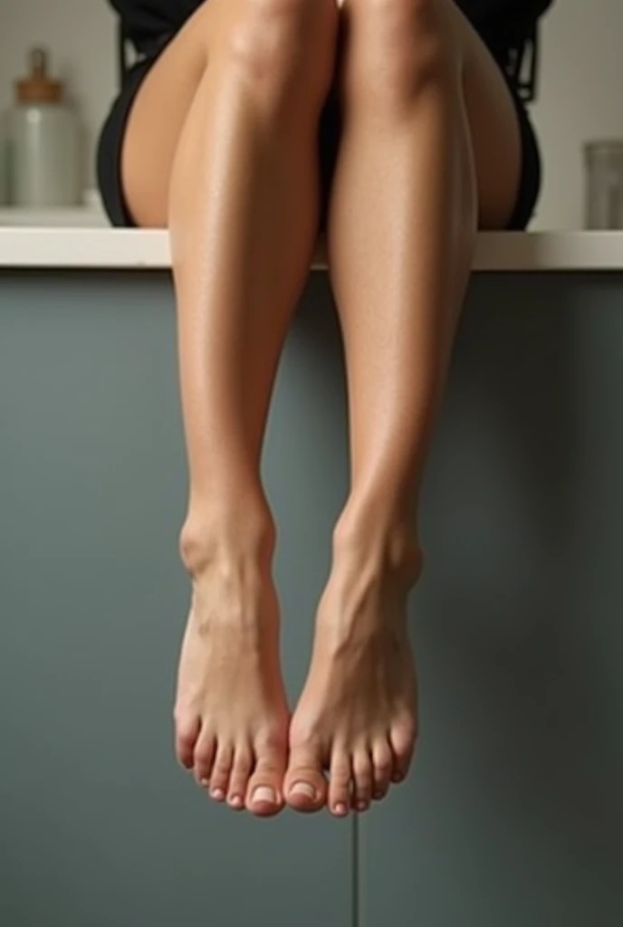 there is a woman sitting on a counter with her feet up, high soles, feet posing, big feet, bare feet, barefoot, high arches, mid view from below her feet, bare foot, barefeet, real human feet, professional foot photography, feet art pov, detailed foot pov, exposed toes, barefoot beautiful girl alien, her foot sticking out