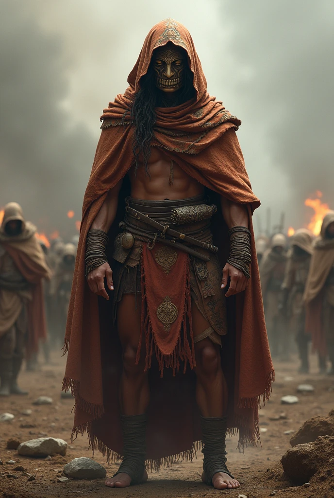 A warrior hidding himself with ancient cloth with no weapon  improve it, make warrior most powerful 
Make face using mask
Make brownish fair skin tone
Make it Indian
Stand him in post war
Age 24 to 25