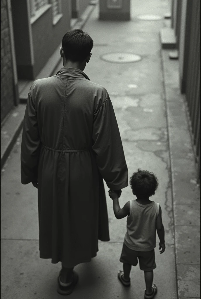Create an image where you can see an image taken by a security camera (from above) in the 90s to a Colombian man (similar to Luis Alfredo Garavito) 4 (scrawny and tall) Dirty appearance, disguised as a priest (with short black hair ) holding a child&#39;s hand. Both must be with their backs turned without their faces being seen. 