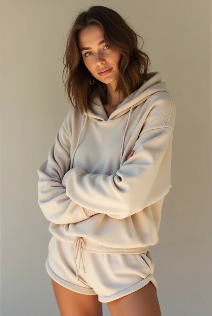 Woman wearing house shorts (higher than 3 inches above the knee) and hoodie