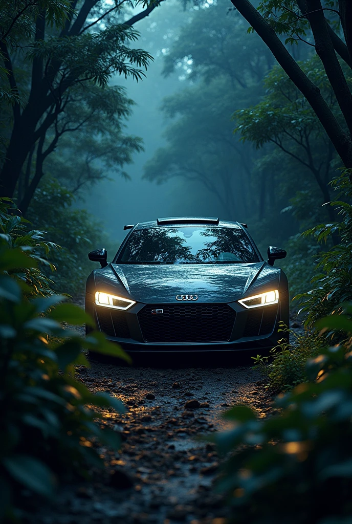 A man driving audi r8 sports car at night in a jungle.