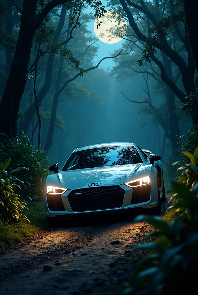 A man driving audi r8 sports car at night in a jungle.