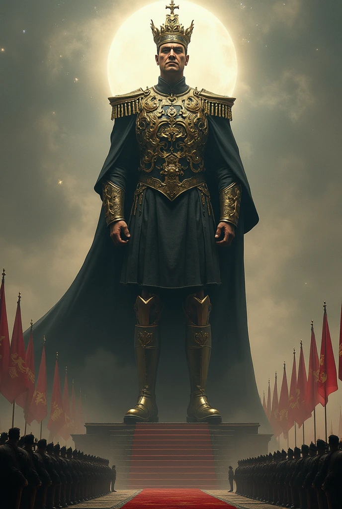 Create an image that represent a powerful man who is dominating world and is powerful among all and all peoples are under his control