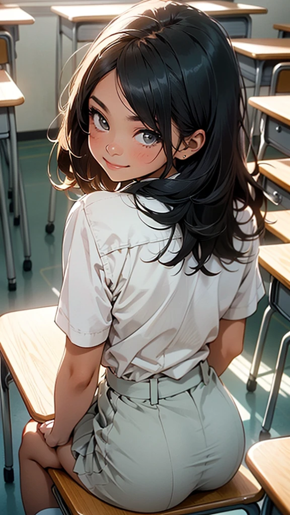 masterpiece,best quality,depth of field,1girl,smile,pointy hair,solo,shirt,bow,white shirt,school uniform,short sleeves,no panties,lifted by self,clothes lift,sitting,from behind,classroom,school chair,school desk,