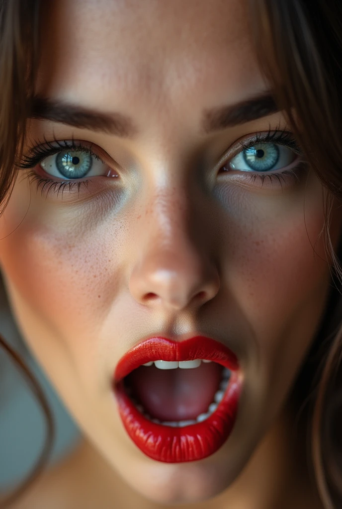 detailed woman face looking at the camera, blue eyes, hot thick red lips, mouth open with sensuality, correct deformed fingers, photorealistic, sharpened eyes, (((eyes to the camera)))