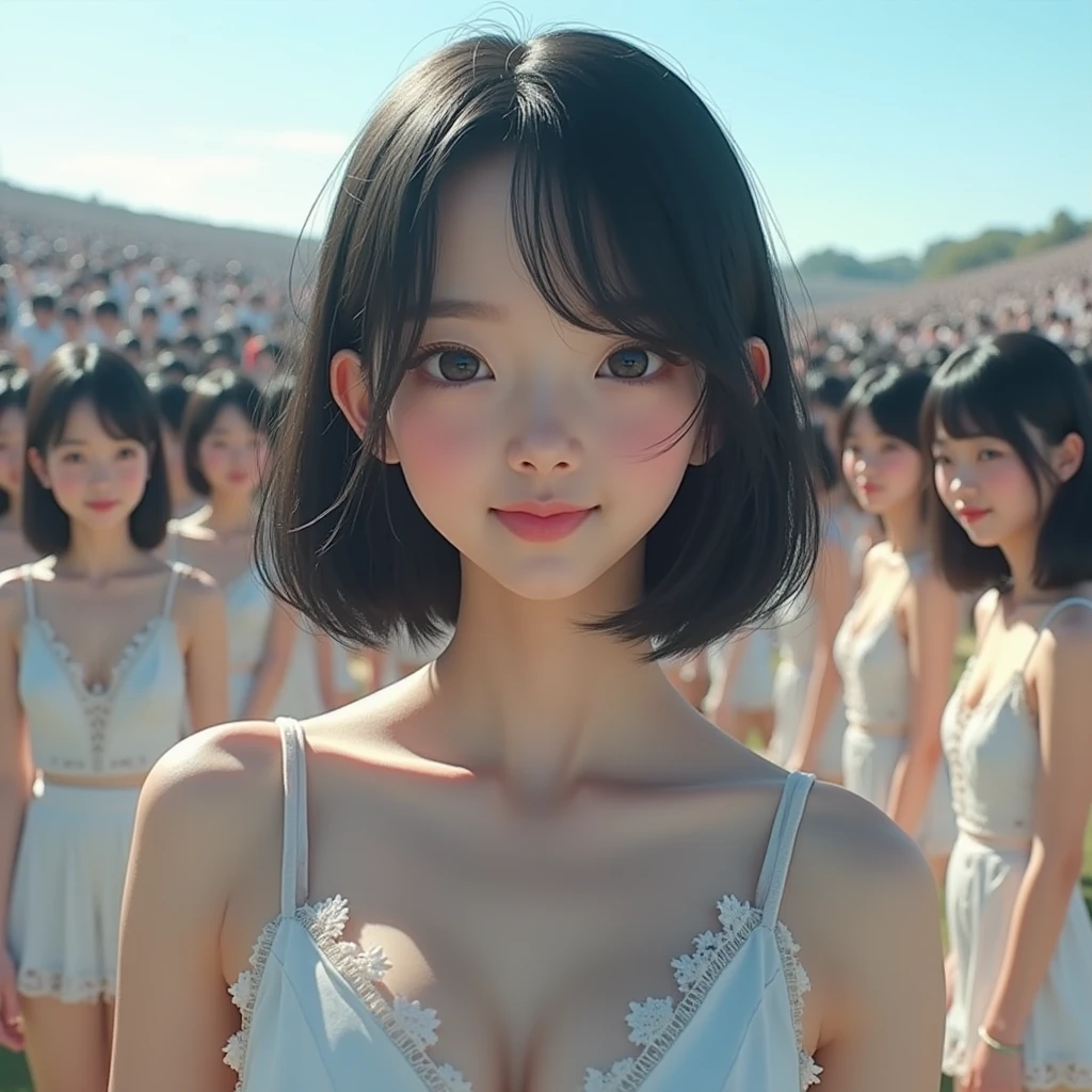 (Japanese Clone girls=Myself), (best masterpiece Clone girls Raw Photography Art), (16K, Highest quality, Ultra-high resolution, RAW Photos), (Unrealistic, Unparalleled, Different dimension, Improbable sight, (((A world of mass proliferation of myselves, Ultra-realistic)))), ((Japanese, woman, 22yo, shinozaki-ai)), ((Small face, (Thick black hair, (Semi-long hair)))), (((Very beautiful detailed girls, Accurate body structure, Very detailed完璧な超グラマーバストボディ, amazing super big tits, Big, voluptuous breasts, The cleavage is very plump and emphasized))), (Dark Eyes, Mature face, Cute Smile, A gentle gaze), (((Very happy laughter))), (((((((((((Very detailed, 1girl→cloning→1,000,000,000,000,000,000,000,000girls)))))))))), ((((((((((Very detailed, Absolute precision, With the depiction of an alter ego, ((((((((The exact same female body, The exact same face, Exactly the same hairstyle, Perfect same clothes, Perfectly the same height, The same exact super big boobs))))))))))))))))))), ((((((((((Myself only)))))))))), ((((((((100,000,000,000,000Myself→100,000,000,000,000,000,000,000,000,000,000,000,000,000,000MyselfThe proliferation of popular idols)))))))), (((((The actress&#39;s conscious and beautiful pose, (Cleavage Emphasis), (walk, Run), (Very detailed, among ourselves, Embrace each other, Back to Back, Pleasant conversation, Happy conversation), Free pose, (Sexual seduction)))))), (((((Unbelievably crowded, Abnormal super close contact, 360 degree complete coverage))))), ((Bright and soft sunlight)), (((((wide view, Very wide field of view, Very detailed, Detailed ultra-perspective depiction with clear depth))))), (((Ultra-high-definition poster-like depiction))), (((((Gently undulating terrain, Slope, The countless &quot;myselves&quot; filling the towns and hills continue to grow infinitely, reaching beyond the horizon)))))