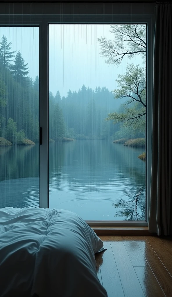 A serene bedroom with a view of a calm lake, with rain falling heavily on the water’s surface. The heavy rain outside creates ripples on the lake and a soothing atmosphere perfect for a deep nap.