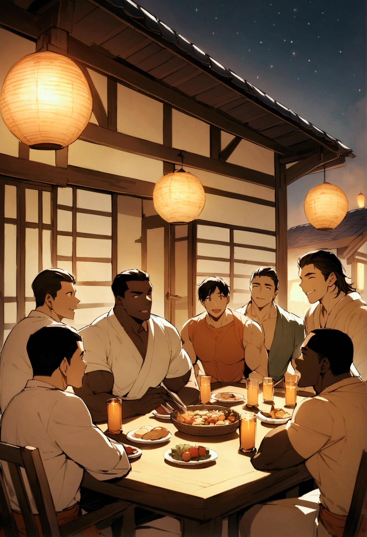 Highest quality、Four muscular men with short hair are sitting around a table laden with food on the porch of an inn、firework、Brown Skin、A fun atmosphere