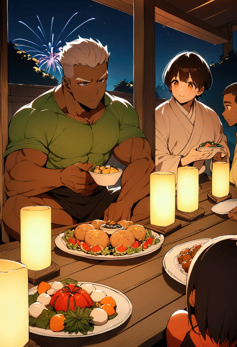 Highest quality、Four muscular men with short hair are sitting around a table laden with food on the porch of an inn、firework、Brown Skin、A fun atmosphere