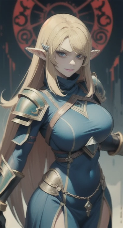 Masterpiece, best quality, mythical, Alluring Hylian, Rogue goddess, Hyrule, legendary Triforce,  powerful armor, looking at viewer psychotically, creepy smirk,