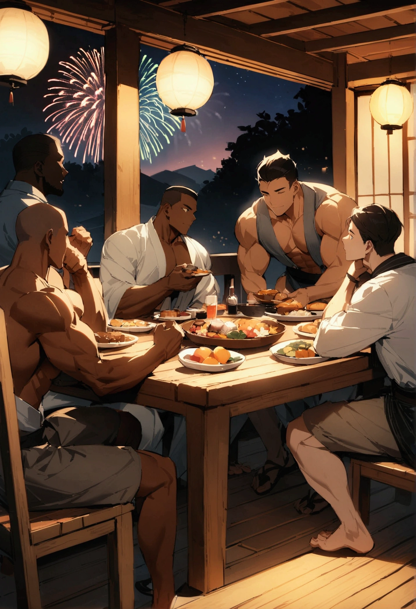 Highest quality、Four muscular men with short hair are sitting around a table laden with food on the porch of an inn、firework、Brown Skin、A fun atmosphere