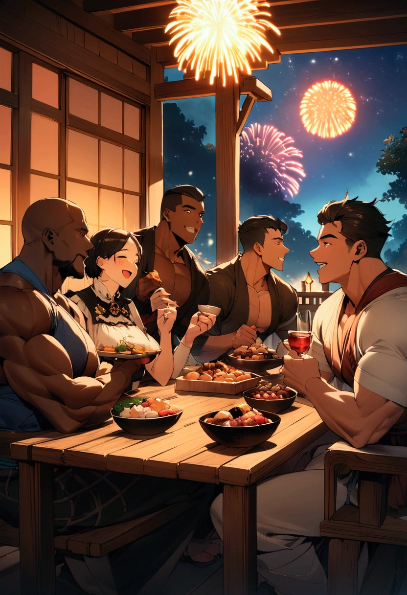 Highest quality、Four muscular men with short hair are sitting around a table laden with food on the porch of an inn、firework、Brown Skin、A fun atmosphere