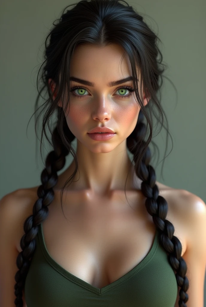 (photorealism:1.2), young woman, White skin, European long black hair braided, high, slightly muscular, heart-shaped face, full lips and slightly long nose, emerald green eyes