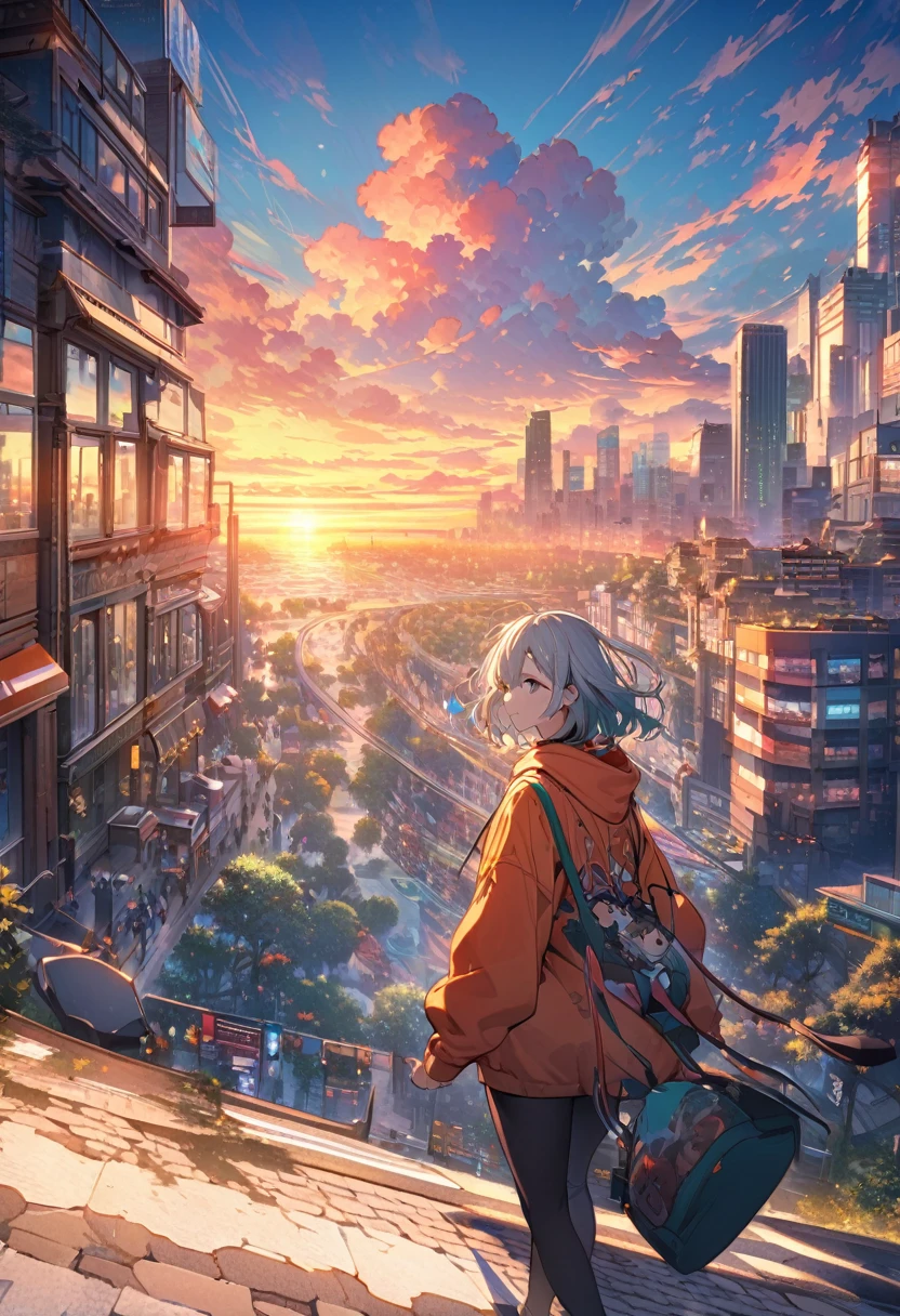 Create exquisite illustrations reminiscent of Makoto Shinkai's style, It has ultra-fine details and top-notch quality. angelic, detailed woman who is walking, woman wearing hoodie,  highest billding in city, road, sunrise, horizon, skyline, in the sky, city of clouds, colorful, high-res, 8K