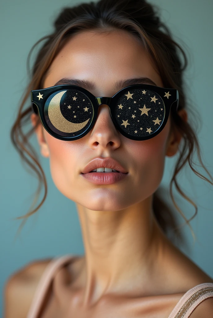 The model is wearing glass sunglasses with stars and the moon on the glass